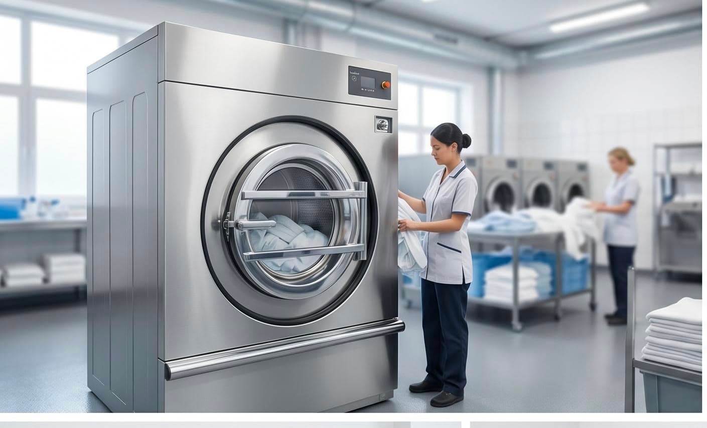 Heavy duty laundry machinery in a production setting